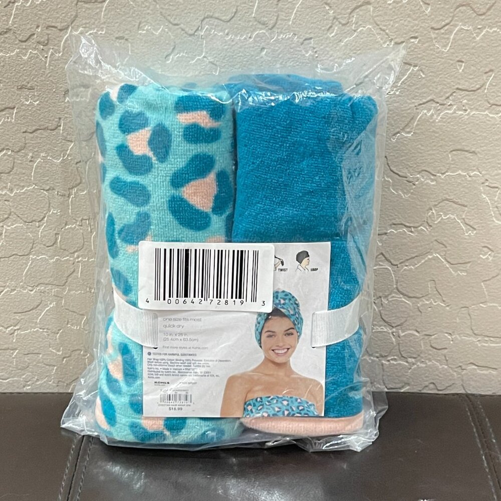 New Hair Wrap Towel Set of 2 Blue Solid Animal Print NWT Quick Dry